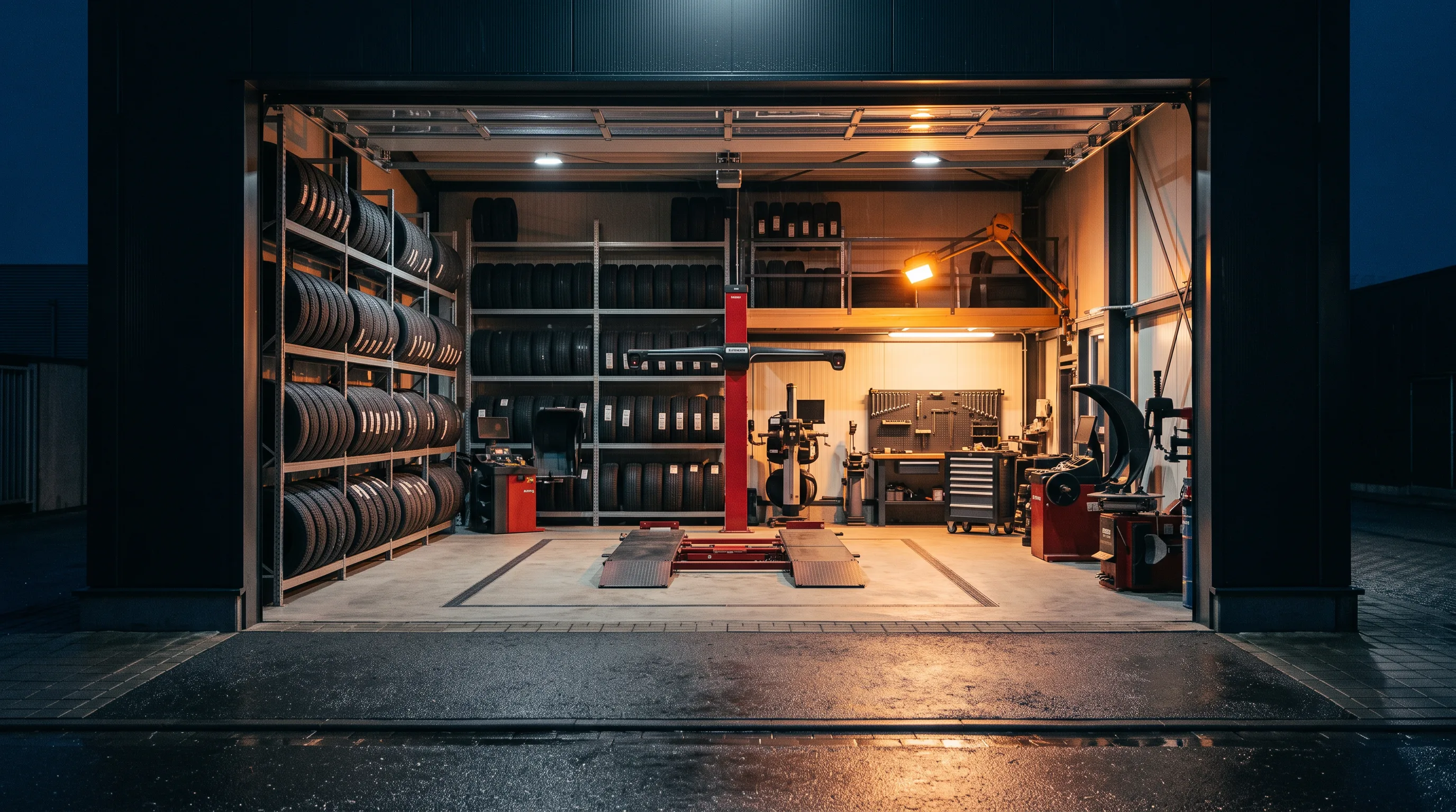 Tire workshop at night